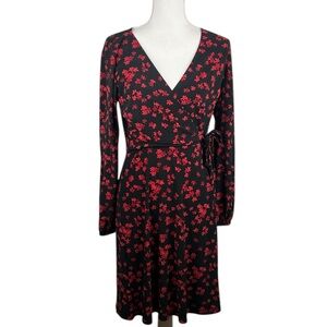 Chaps Black & Red Floral Classic Career Event Faux Wrap Midi Dress Size Small